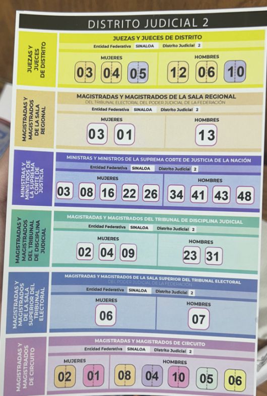 1일 세계 최초로 판사 선출 투표가 실시된 멕시코의 투표 용지에 여당 후보들의 번호가 표시되어 있다. 엑스 캡처