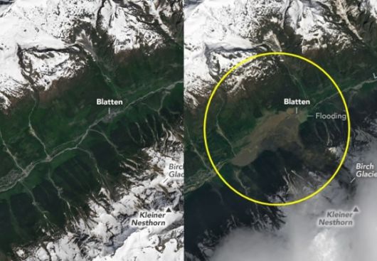 지난해 6월 19일과 지난달 29일 랜드샛 9호 위성으로 촬영한 산사태 지역 비교 사진. NASA 제공