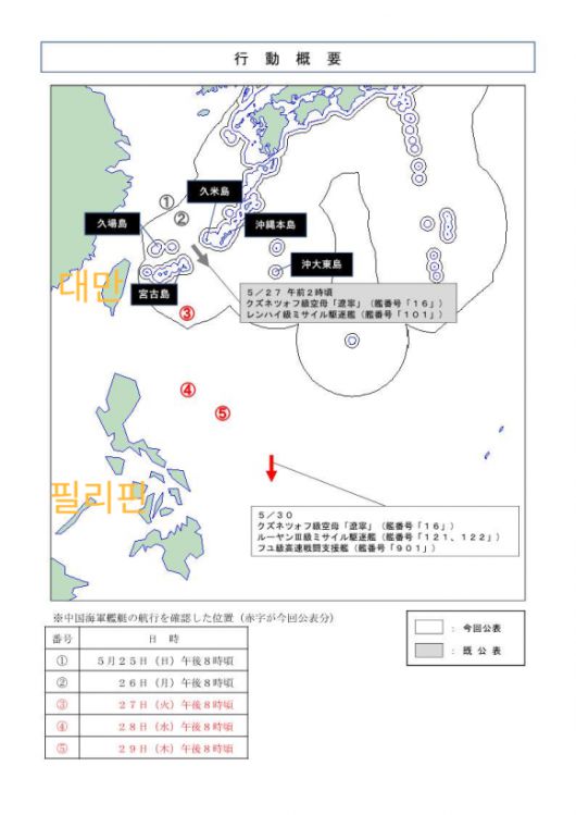일본이 배포한 중국 항공모함 이동경로. 엑스 캡처