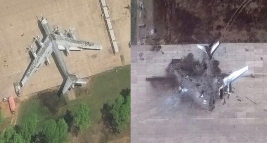 지난달 27일 러시아 우크라인카 공군기지에 타이어로 위장한 Tu-95 폭격기(왼쪽)와 지난 4일 벨라야 공군기지에서 드론으로 파괴된 Tu-95.  Maxar Technologies