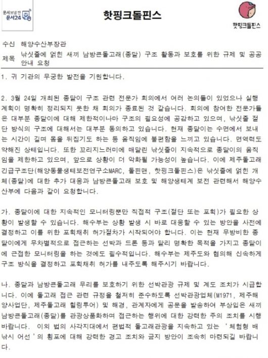 서울신문이 단독 입수한 핫핑크돌핀스가 해양수산부장관 앞으로 발송한 ‘낚싯줄에 얽힌 새끼 남방큰돌고래(종달) 구조 활동과 보호를 위한 규제 및 공공안내 요청’ 곰문의 내용. 핫핑크돌핀스 제공