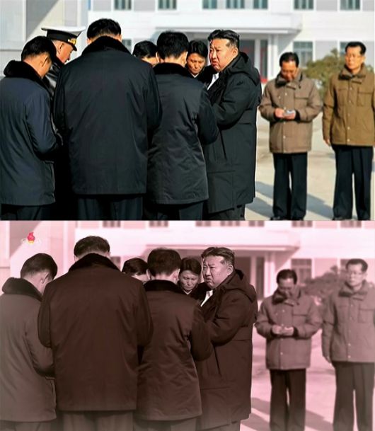 재공개된 사진에는 3월 보도 당시에는 등장했던 김명식 해군사령관의 모습이 지워진 것으로 확인됐다. 사진=조선중앙TV 캡처. 2025.06.14. 뉴시스