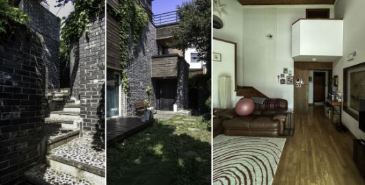 서울 종로구 신영동 경사지에 지은 ‘세이장’은 단순히 담과 건물의 구성을 넘어 하나의 마을이나 도시처럼 여러 개 길로 이루어진 복합체 같다. 여러 번 방향을 튼 진입로(맨 왼쪽)를 따라 마주한 건물(가운데)은 무척 극적인 느낌으로 다가온다. 2층 침실 입구에서 거실 쪽을 향한 작은 공간은 마치 동네 중심 광장을 마주한 발코니에 서 있는 기분이 들도록 조성해 놓았다.  가온건축 제공