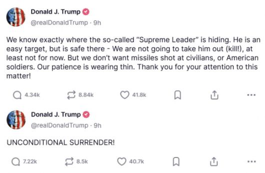 도널드 트럼프 미국 대통령의 소셜미디어 게시글. 출처=트루스소셜