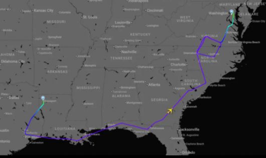 18일(현지시간) ‘E-4B 나이트워치’(종말의 날 비행기)가 루이지아내주를 출발해 워싱턴DC 근처의 메릴랜드주로 이동한 경로. 플라이트레이더24 제공