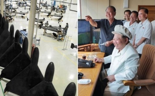 러시아에서 생산하는 샤헤드 자폭 드론(왼쪽)과 김정은 북한 국무위원장. 출처=엑스·조선중앙통신 연합뉴스
