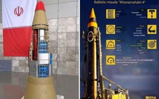 2023년 5월 25(현지시간) 이란이 공개한 호람샤르-4, 즉 케이바르 미사일 발사 장면. 이란은 2000년대 초 북한에서 수입한 화성-10형(무수단 미사일, 나토명 BM-25)을 바탕으로 호람샤르-1을 개발했으며, 이후 호람샤르-2,3 등 개량형을 만든 뒤 독자적 파생형 호람샤르-4를 선보이기에 이르렀다. 호람샤르-4는 최대 80개의 자탄을 탑재한 1500㎏급 모탄을 싣고 2000㎞를 비행할 수 있다. 이란의 파즈르 유도 시스템이 적용돼 정밀 유도 및 재진입체 생존성이 강화된 것이 특징이다. 사진은 (왼쪽)호람샤르-4 탑재 집속탄 탄두와 (오른쪽) 호람샤르-4 제원. 2025.6.19 이란 IRNA 통신 자료