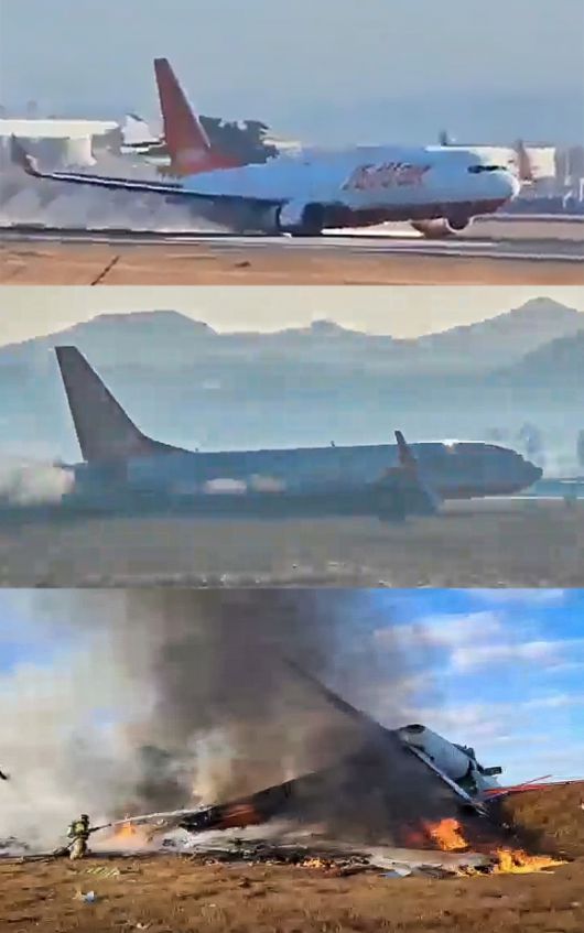 무안 공항에 동체 착륙하는 제주항공 항공기 - 무안공항 제주항공 사고 상황. 2024.12.29 연합뉴스, 뉴스1