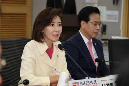 나경원(왼쪽) 국민의힘 원내대표가 26일 국회 의원회관에서 열린 ‘이재명정권 외교·안보 노선, 어디로 가는가’ 긴급토론회에서 발언하고 있다. 뉴시스