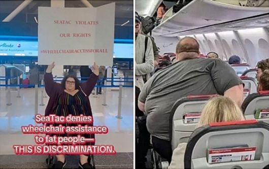2023년 9월 핀란드 헬싱키에서 덴마크 코펜하겐으로 향하는 여객기에서 미국 언론인 크리스토퍼 엘리엇이 촬영한 사진. 과체중 남성이 통로 좌석 팔걸이에 몸을 걸치고 있다. 오른쪽은 미국의 고도비만 인플루언서 제일린 채니가 고도비만 승객의 권리를 요구하며 1인 시위를 전개하는 모습. 페이스북, 틱톡