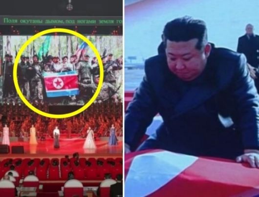 지난달 30일 북한·러시아 간 ‘포괄적 전략적 동반자 관계 조약’ 체결 1주년을 맞아 전날 동평양대극장에서 열린 북·러 예술인 공연 무대 녹화 영상. 러시아로 파병됐다가 전사한 북한 병사들의 모습이 최초로 대중에 공개됐다. 오른쪽은 전사자 유해 송환식에서 눈물을 보이는 김정은 북한 국무위원장의 모습. 조선중앙TV 캡처