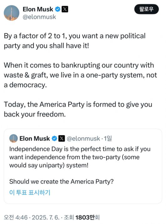 일론 머스크 테슬라 최고경영자(CEO)가 신당 창당 찬반 여부를 묻는 투표를 진행한 뒤 ‘아메리카당’ 창당을 선언한 내용의 엑스 글.