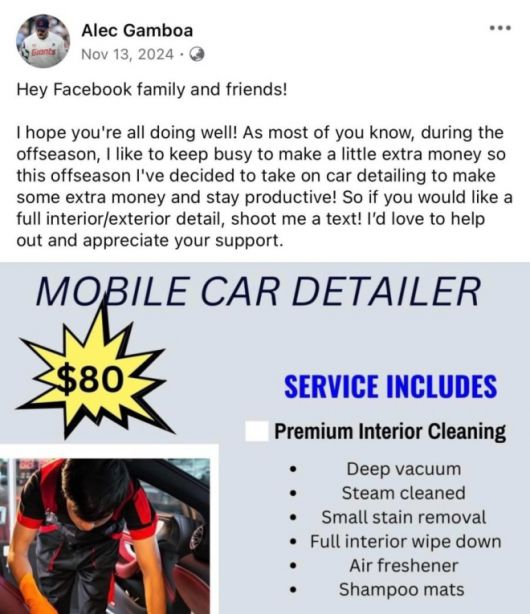 미국 마이너리그 오프 시즌이던 지난해 11월 세차장에서 일자리를 구한 근황을 전한 알렉 감보아. 페이스북 캡처