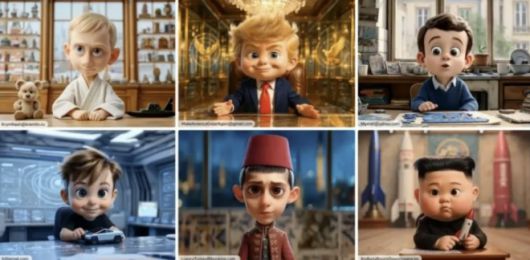 샌드핏 애니메이션에 등장하는 유아 버전의 각국 지도자들. 왼쪽 위부터 시계방향으로 푸틴 대통령, 도널드 트럼프 미국 대통령, 에마뉘엘 마크롱 프랑스 대통령, 북한 김정은 국무위원장, 레제프 타이이프 에르도안 튀르키예 대통령, 일론 머스크 테슬라 최고경영자(CEO). 텔레그램