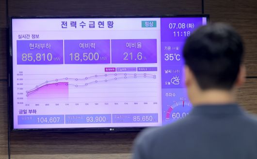 폭염으로 최대 전력 수요 급증 - 계속되는 폭염으로 최대 전력 수요가 한여름 수준으로 치솟는 가운데 8일 서울 중구 한국전력공사 서울본부 건물 전광판에 이날 전력 수요 현황이 표시되고 있다. 전력거래소의 전력통계정보시스템에 따르면 지난 7일 국내 전력시장 최대전력은 올해 여름들어 최대치인 90.2GW를 기록했다. 전력거래소는 8일 최대 전력 수요를 93.9GW로 전망하고 있다. 2025.7.8 연합뉴스