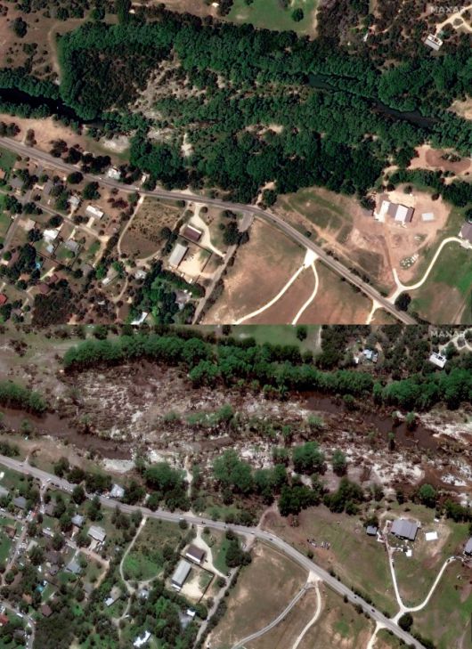 과달루페 강 유역에 늘어선 수많은 나무들이 갑작스러운 홍수로 초토화됐다. 사진 위는  2023년 6월, 아래는 홍수로 피해를 입은 후인 지난 8일 모습. AFP-Satellite image ©2025 Maxar 제공