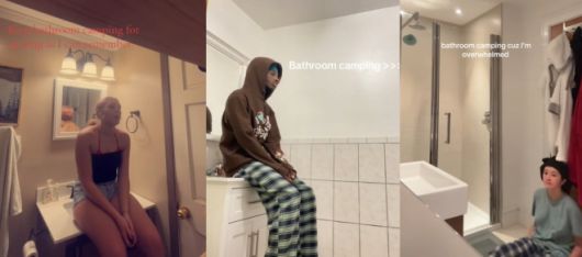소셜미디어 틱톡에 올라온 ‘화장실 캠핑족’ 모습. 틱톡 캡처