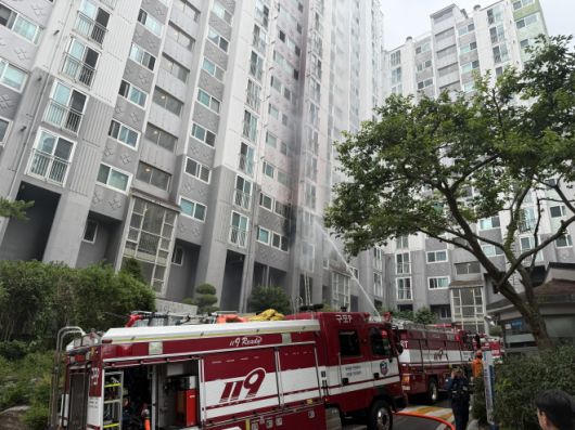 13일 부산 북구 한 아파트에서 화재가 발생해 소방 당국이 진화 활동을 하고 있다. 부산소방재난본부 제공