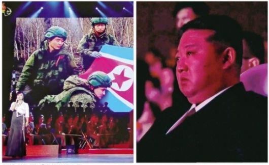 김정은, 러 파병된 북한군 영상 보고 ‘눈물’ - 지난달 29일 방북 중인 올가 류비모바 러시아 문화부 장관이 참석한 가운데 북한 동평양대극장에서 열린 북러 예술인 공연 중 무대에 설치된 스크린에 러시아로 파병된 북한 군인들이 인공기를 들고 있는 모습이 상영되고 있다(왼쪽 사진). 오른쪽 사진은 김정은 북한 국무위원장이 러시아로 파병된 북한 군인들의 모습이 화면에 등장하자 눈물을 글썽이고 있는 모습. 조선중앙TV 화면 연합뉴스