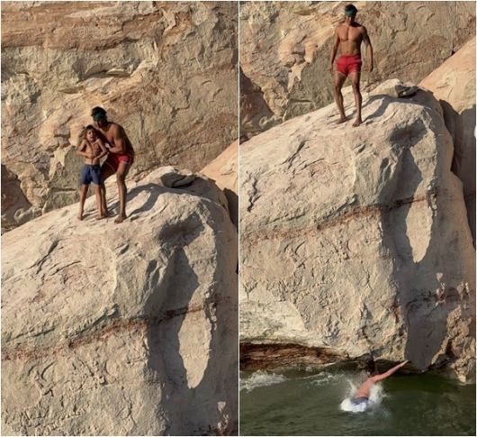 미국의 인기 여행 인플루언서가 아이를 강하게 키우겠다며 7살 아들을 절벽에서 던지는 영상을 공개해 논란이 되고 있다. 인스타그램(@garrettgee) 캡처