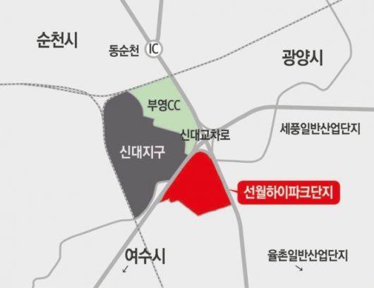 순천 신대지구 옆에 위치한 선월지구 위치도. 광양만권경제자유구역청 제공.