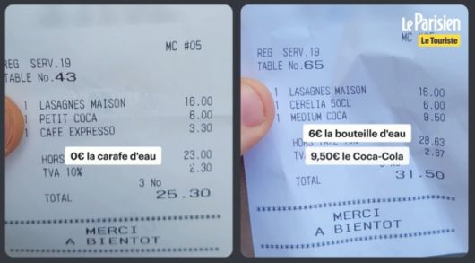 외국인 관광객으로 위장한 손님(오른쪽)에게 더 비싼 9.5유로짜리 콜라와 유료 생수를 제공한 프랑스 파리의 한 식당 영수증. 프랑스 일간 르파리지앵 유튜브 캡처