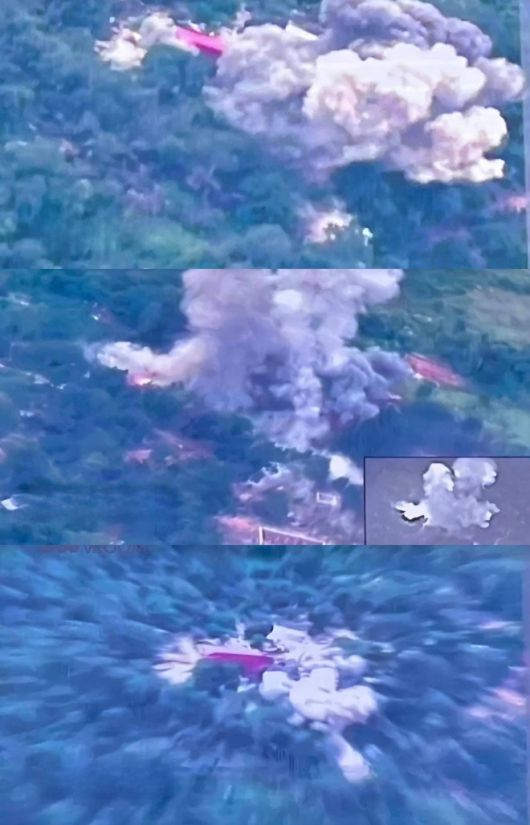 태국군 제2사단이 공습 장면을 촬영한 영상을 캡처해 방콕포스트 공식 엑스(옛 트위터) 계정을 통해 공개했다. 숲으로 둘러싸인 국경 마을에 미사일이 떨어지는 순간부터 연기와 화염이 치솟는 장면이 담겼다. 출처=엑스