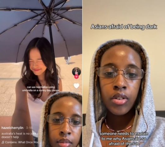 미국의 한 인플루언서가 “아시아인들이 양산을 쓰는 것은 피부가 타는 것을 두려워하는 백인우월주의에서 비롯됐다”고 주장했다. 틱톡(@normalizebadancing) 캡처