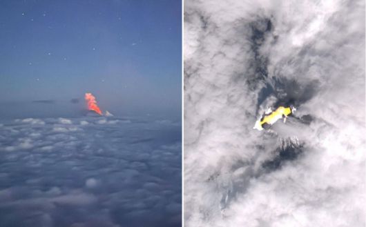 클류쳅스카야 소프카 화산의 분화 장면. 왼쪽은 구름 위로 붉은 용암 기둥이 치솟는 모습을 촬영한 실사 이미지, 오른쪽은 위성에서 포착된 고온 열원으로, 구름 사이로 번지는 밝은 부분이 용암 흐름을 나타낸다. 출처=텔레그램