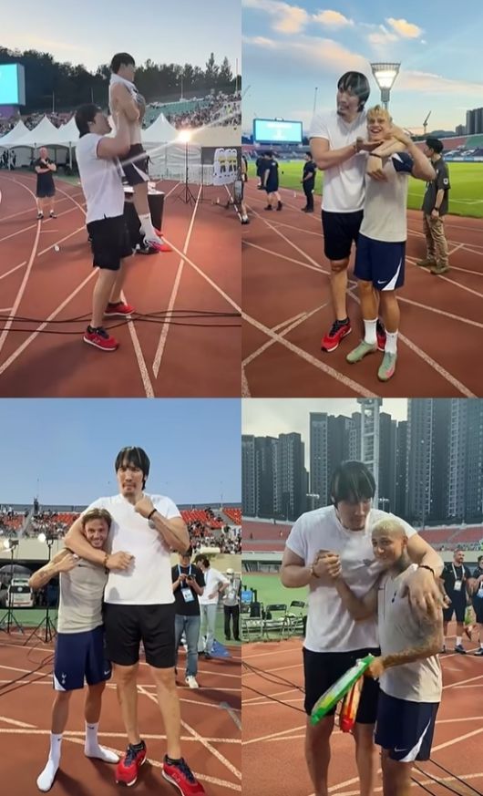 격투기 선수 최홍만(왼쪽)이 2일 경기 안양시 안양종합운동장에서 열린 잉글랜드 프리미어리그(PL) 토트넘 홋스퍼의 공개 훈련 현장을 찾아 양민혁(왼쪽 위부터 시계 방향으로)과 루카스 베리발, 히샬리송, 제임스 매디슨 등 선수들을 만났다. 자료 : 토트넘 홋스퍼 인스타그램