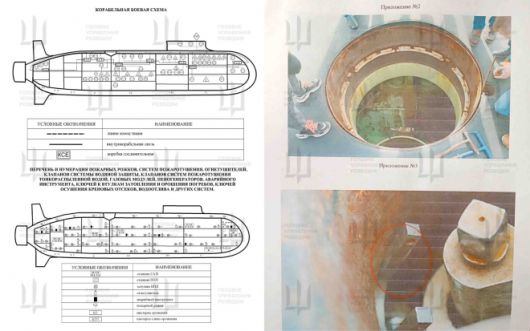 우크라이나 정보당국이 확보한 러시아 전략 핵잠수함 ‘크냐즈 포자르스키’의 내부 배치도와 격실별 통신 회로, 생존 시스템 설계도. 오른쪽은 잠수함 내부 격실 상부 개구부와 손상된 라디오 부이 구조를 촬영한 사진으로 관련 조사 보고서 일부가 함께 공개됐다. 출처=우크라이나 국방정보국(GUR)
