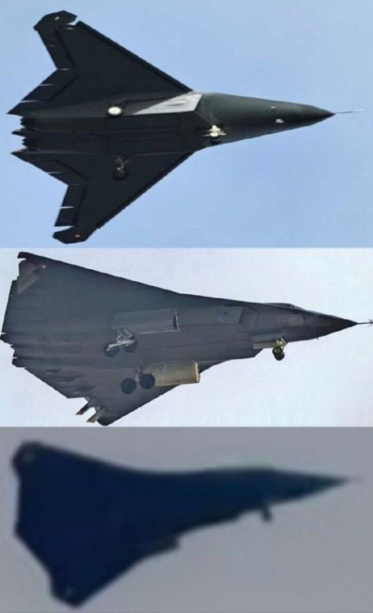 중국의 차세대 스텔스 항공기로 추정되는 세 기체를 비교한 모습. 위쪽은 람다형 날개를 갖춘 중형 기체로 ‘J‑50’(가칭) 또는 제3의 6세대 전투기로 추정된다. 가운데는 3발 엔진 구조로 알려진 대형 플랫폼 ‘J‑36’으로, 고속·장거리 유인 전투기로 분류된다. 아래는 최근 SNS에서 퍼진 소형 스텔스기로, AI 기반 ‘로열 윙맨형 드론’일 가능성이 제기되고 있다. 출처=엑스