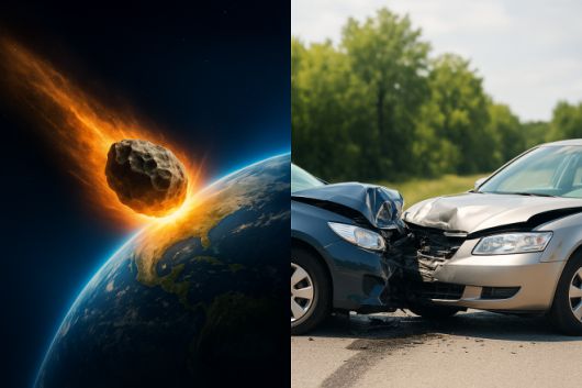 인공지능(AI)으로 생성한 우주에서 날아오는 소행성과 도로 위의 차량 충돌 이미지. 규모는 다르지만 모두 치명적인 위협이다. 과학자들은 소행성 충돌로 사망할 확률이 광견병보다 높다고 분석했다.