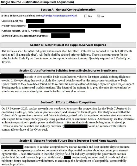 미 공군이 사이버트럭을 훈련용 표적 차량으로 지정한 계약 문서 일부. 공군은 문서에서 “사이버트럭은 일반 차량과 달리 충격에도 구조 손상이 거의 없으며, 실제 전장과 유사한 조건에서 테스트할 수 있는 플랫폼”이라고 명시했다. 문서는 사이버트럭 2대를 구매해 실사격 훈련에 사용할 계획임을 밝히고 있다. 출처=미 공군