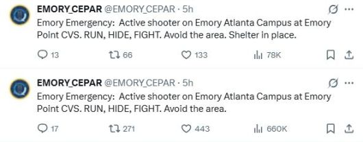 미국 질병통제예방센터(CDC) 본부 인근에서 총격 사건이 발생하자 에모리대학은 ‘RUN. HIDE. FIGHT.’(뛰어라, 숨으라, 싸워라)라는 긴급 경보를 연이어 발령했다. 엑스(X) 캡처