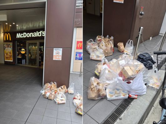일본맥도날드가 ‘해피밀’을 사면 포켓몬 장난감과 트레이딩 카드를 주는 행사를 지난 8일 시작한 가운데 사은품만 노리는 구매자들이 뜯지도 않은 햄버거를 매장 앞에 버리고 간다는 목격담이 소셜미디어(SNS)에 확산하며 일본에서 논란이다. 엑스 계정 ‘akataitu’ 캡처
