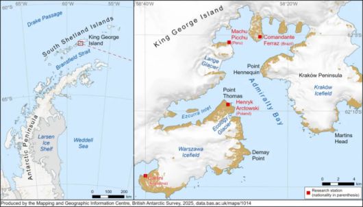지난 1월 데니스 벨의 유해가 발견된 남극 킹조지섬 폴란드 기지(가운데 빨간 점)가 표시된 지도. 영국 남극조사국 제공