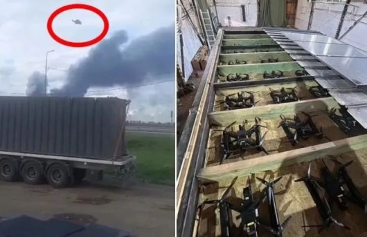 왼쪽은 지난 6월 1일 러시아 본토의 공군기지를 공습하려 트럭 지붕 위에서 날아오르는 우크라이나 드론 모습, 오른쪽은 트럭 내 상자 안에 위장한 우크라이나 드론 모습