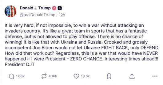 도널드 트럼프 미국 대통령이 21일(현지시간) 소셜미디어 ‘트루스소셜’에 올린 글. 그는 “침략국을 공격하지 않고는 전쟁에서 승리할 수 없다”며 우크라이나의 러시아 반격 필요성을 강조했다. 트루스소셜 캡처