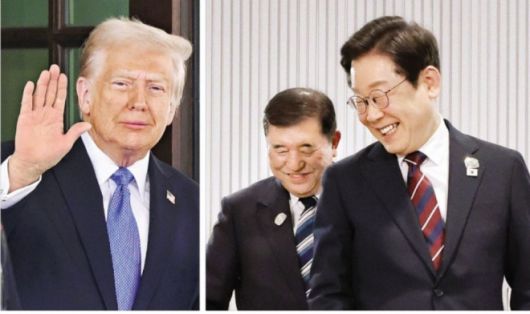 23일부터 시작되는 이재명 대통령의 일본·미국 연쇄 방문과 오는 25일(현지시간) 열리는 첫 한미 정상회담은 이재명 정부 실용외교의 향방을 좌우할 중대한 변곡점으로 여겨진다. 도널드 트럼프 미국 대통령이 지난 2월 7일 미일 정상회담을 앞두고 백악관 입구에서 손을 흔들고 있다(왼쪽 사진). 오른쪽 사진은 이 대통령이 지난 6월 17일 캐나다 앨버타주 캐내내스키스 주요 7개국(G7) 정상회의장에서 이시바 시게루 일본 총리와 만난 모습. AFP 연합뉴스·캐내내스키스 연합뉴스