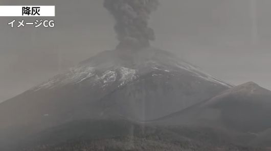 일본 정부가 26일 ‘화산방재의 날’을 맞아 후지산이 대규모 분화했을 경우 화산재 피해를 상상해볼 수 있는 CG(컴퓨터그래픽) 영상을 제작했다. 사진은 화산 폭발로 화산재가 떨어지는 모습. 일본 내각부 유튜브 영상 캡처