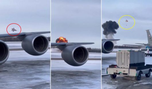 미국 알래스카 에일슨 공군기지에서 추락한 F-35 전투기의 순간을 담은 영상 캡처. 전투기가 수직으로 추락한 뒤 거대한 폭발이 일어났고 조종사는 낙하산을 펴고 탈출했다. 출처=엑스