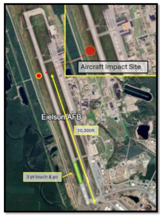 미국 알래스카 에일슨 공군기지 위성사진에 표시된 F-35A 추락 경로와 충돌 지점. 조종사는 활주로에서 ‘터치 앤 고’를 시도한 뒤 곧바로 기체가 추락했다. 미 공군 제공