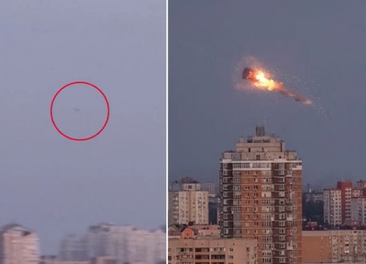 러시아는 현지시간으로 6일 밤~7일 새벽 우크라이나 수도 키이우를 포함해 전국 곳곳에 대규모 드론 및 미사일 공격을 가했다. 왼쪽은 키이우 상공을 나는 러시아군 드론, 오른쪽은 우크라이나 방공망이 격추한 러시아 미사일. 로이터 연합뉴스,