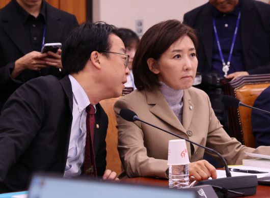곽규택 의원과 대화하는 나경원 - 나경원 국민의힘 의원이 16일 오전 서울 여의도 국회에서 열린 법제사법위원회 전체회의에서 곽규택 의원과 대화하고 있다. 2025.09.16. 뉴시스