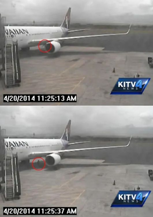 2014년 미국 캘리포니아 산호세발 하와이안 항공기 바퀴에 매달려 하와이까지 총 5시간 넘게 비행한 15세 소년 야히아 압디가 스스로 바퀴 랜딩기어 격납고에서 걸어나오는 모습. 공항 CCTV 캡처