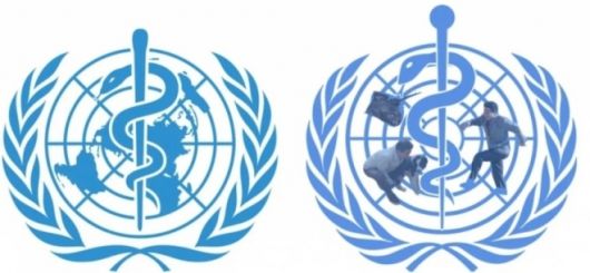 세계보건기구(WHO) 공식 로고(왼쪽)와 노무현 전 대통령 조롱 목적으로 변형된 로고에서 합성 이미지의 원본 사진을 표시한 이미지(오른쪽). WHO 공식 홈페이지·온라인 커뮤니티 캡처