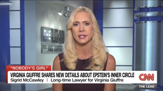 CNN ‘더 리드(The Lead)’ 인터뷰에 출연한 버지니아 주프레의 법률대리인 시그리드 맥컬리가 주프레의 사후 회고록 ‘노바디스 걸’에 담긴 새로운 증언과 엡스타인 측근들의 범행에 관해 설명하고 있다. 2025년 10월 21일(현지시간) CNN 방송 캡처.
