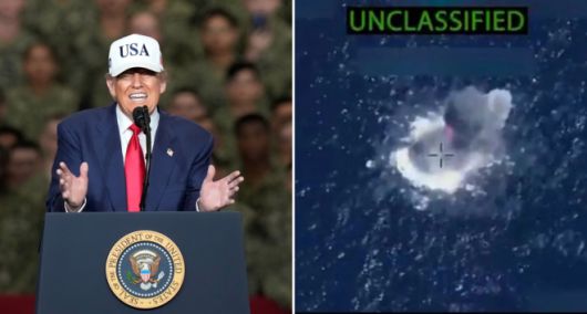 도널드 트럼프 미국 대통령이 28일(현지시간) 일본 요코스카 미 해군기지에서 항공모함 조지워싱턴호 승조원들을 상대로 연설하고 있다(왼쪽). 오른쪽은 미 국방부가 공개한 영상으로, 태평양에서 미군이 마약 운반 의심 선박을 폭격하는 장면. AP 연합뉴스·미 국방부