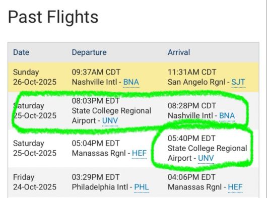 25일(현지시간) 캐시 파텔(45) 미국 연방수사국(FBI) 국장 전용기 항로. 2025.10.25 엑스